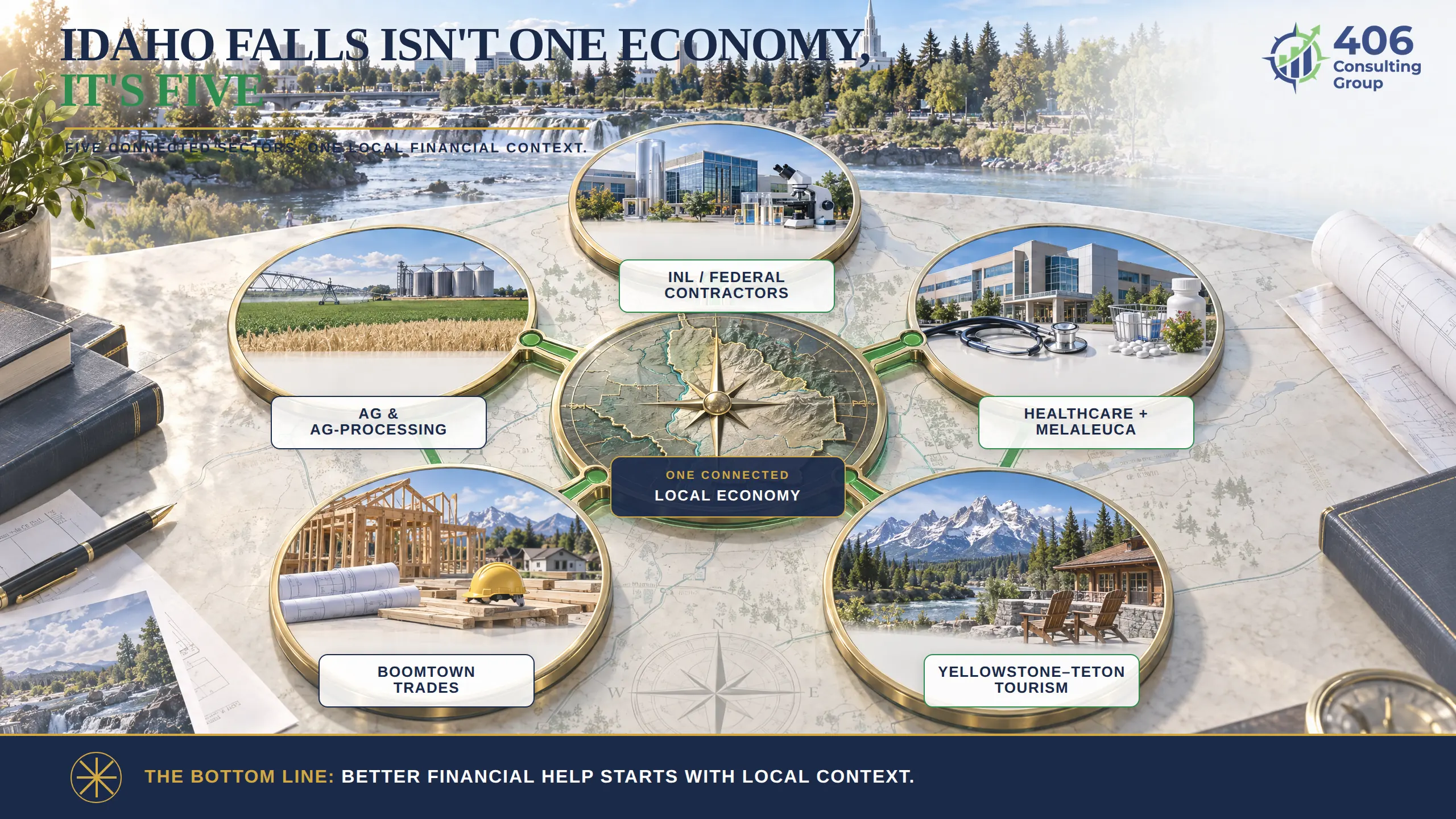 Map of the Idaho Falls economy — INL contractors, Snake River Plain ag, healthcare, boomtown trades, and Yellowstone-Teton tourism