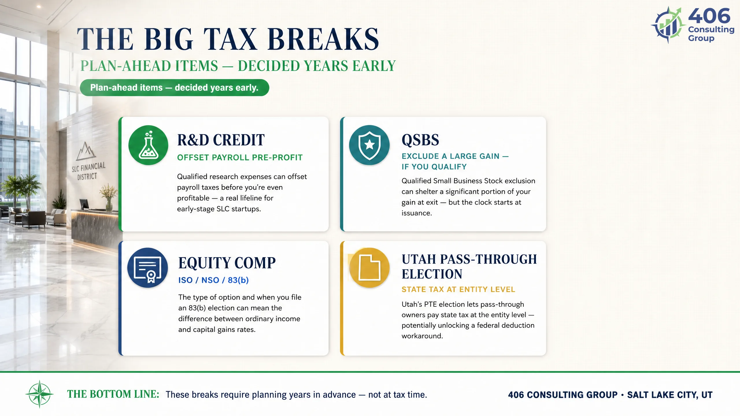 The big Salt Lake City tax breaks — R&D credit, QSBS, equity comp, pass-through