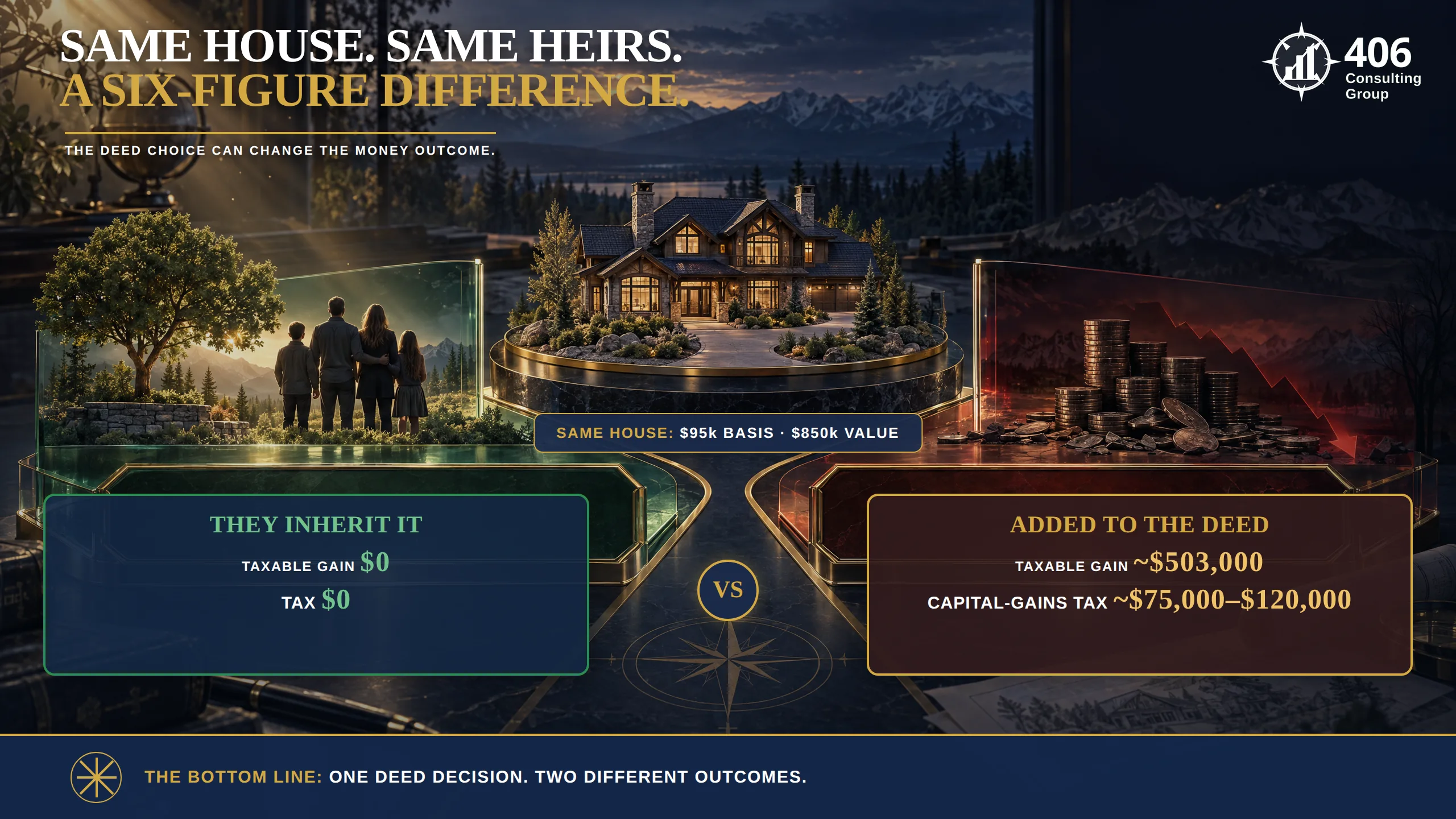 Side-by-side comparison: inheriting a Montana home tax-free versus a six-figure capital gains bill after the parent added the children to the deed