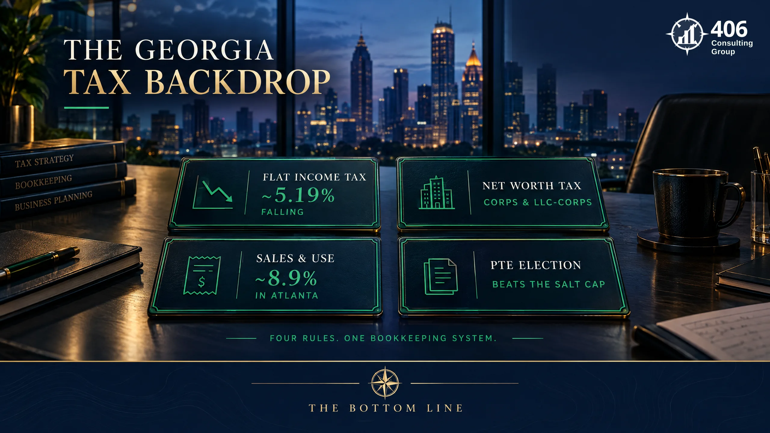 The Georgia tax backdrop for an Atlanta business — flat income tax, Net Worth Tax, sales tax, PTE