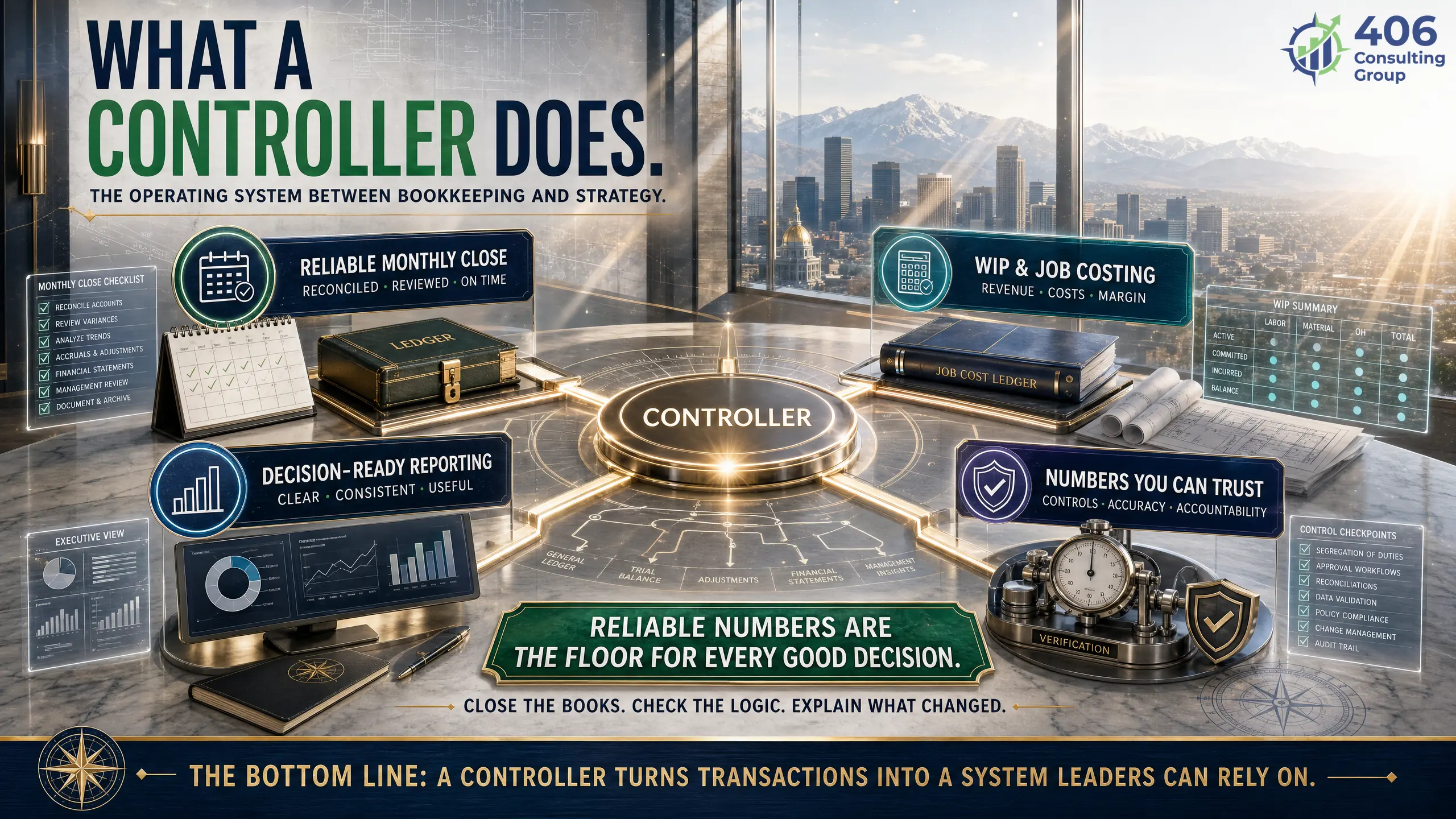 What a controller does — reliable monthly close, WIP and job costing, decision-ready reporting