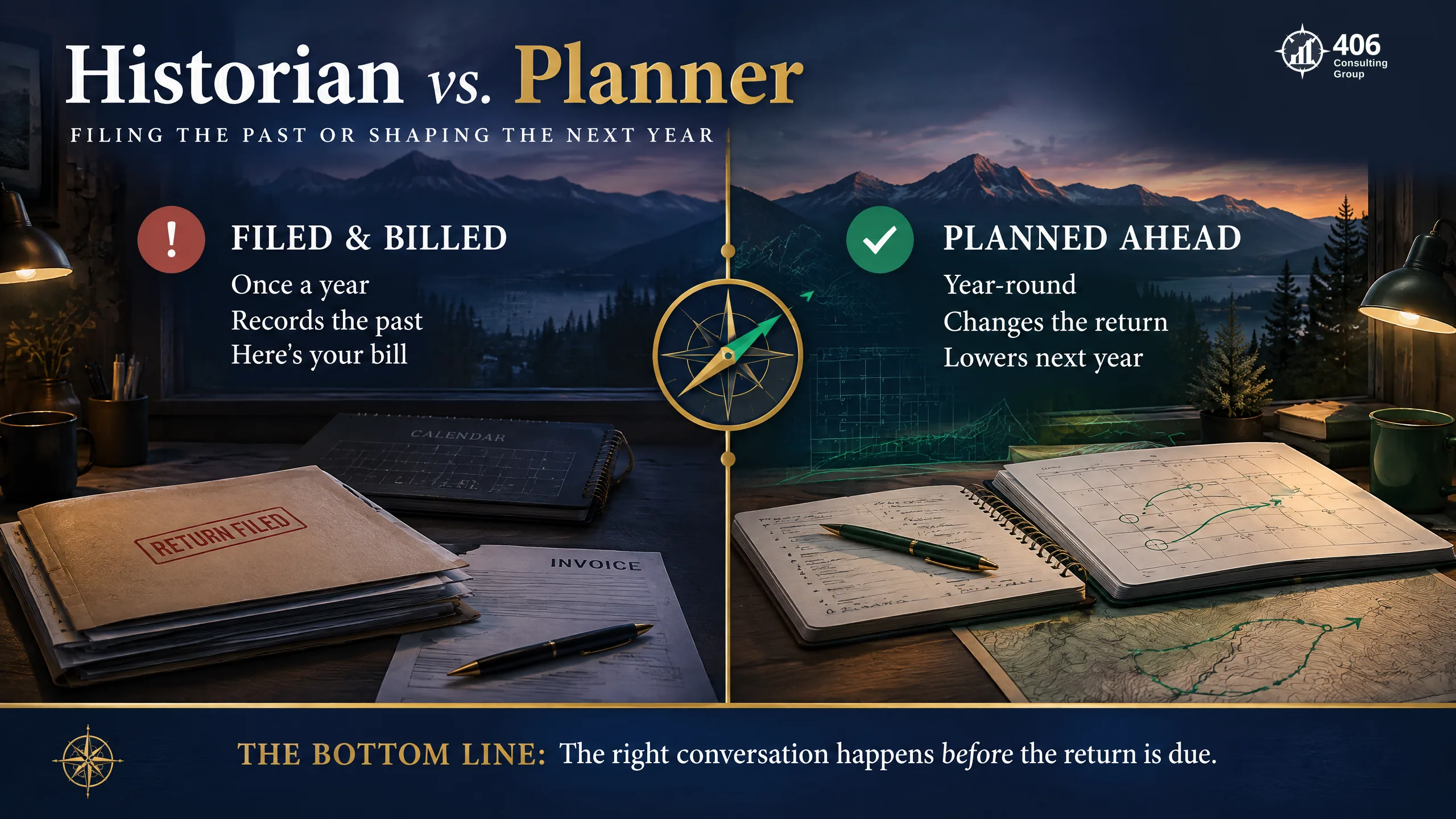 Filed-and-billed versus planned-ahead — a historian versus a planner on your side of the ledger