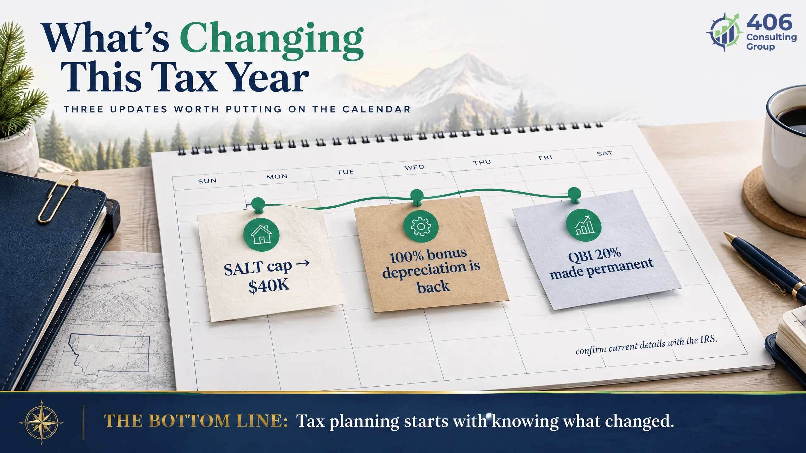 Upcoming federal tax changes — raised SALT cap, 100% bonus depreciation, permanent QBI deduction