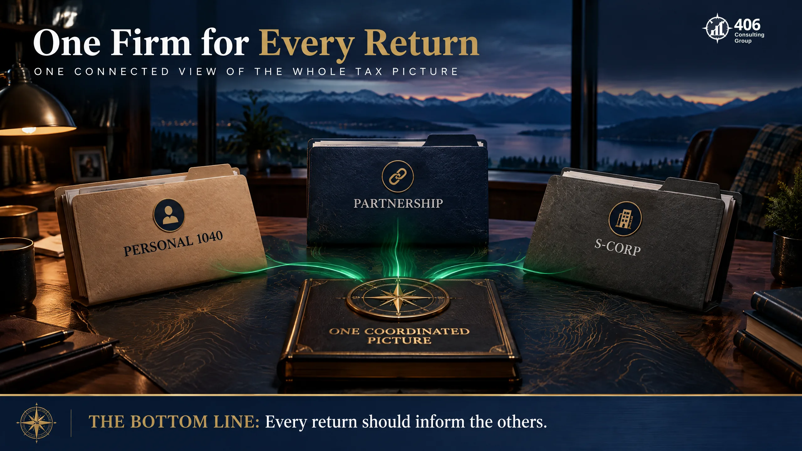 One firm for personal, partnership, and S-corp returns — coordinated as one tax picture