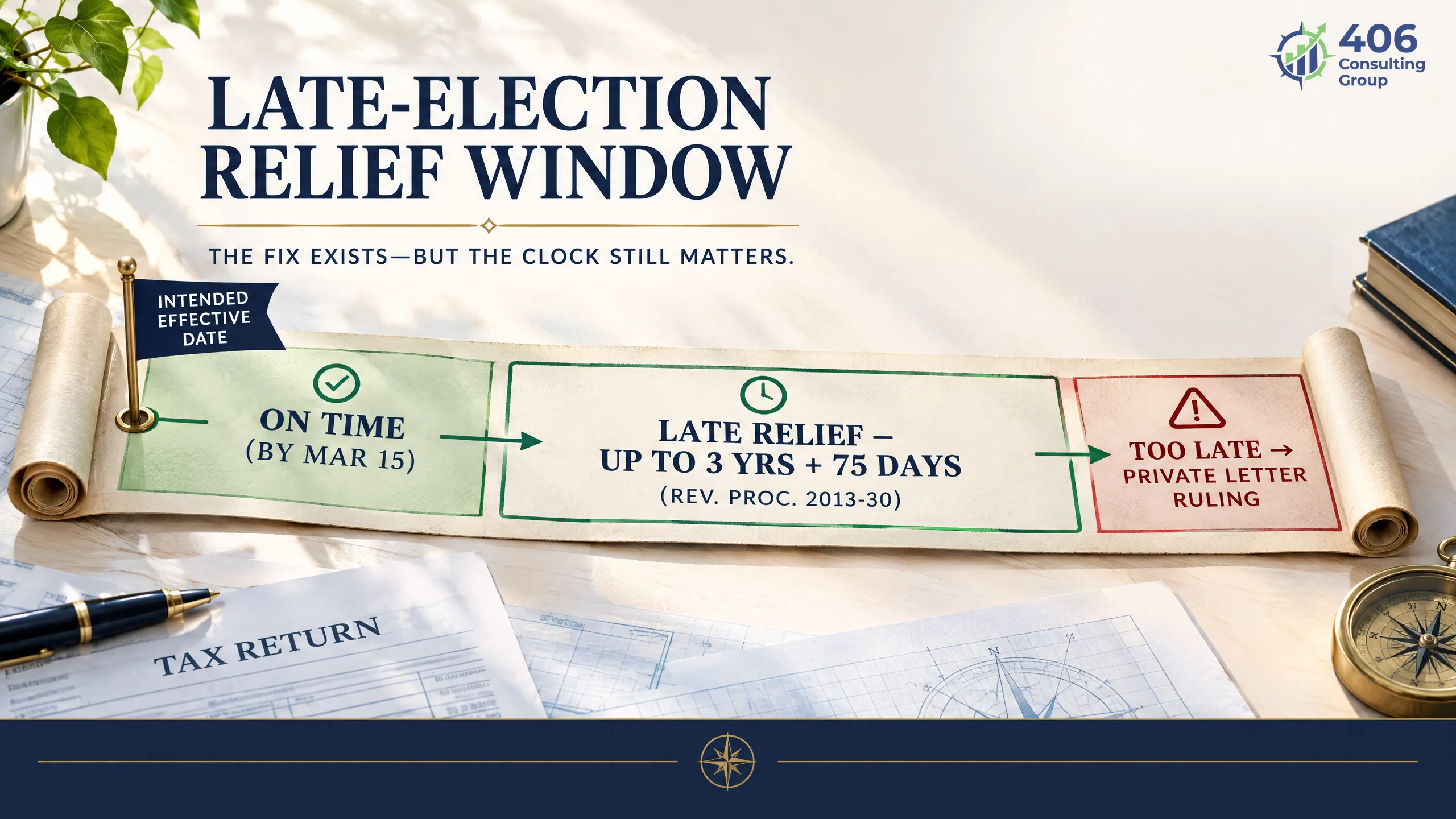 Late S-corp election relief timeline — up to 3 years and 75 days after the intended effective date under Rev. Proc. 2013-30