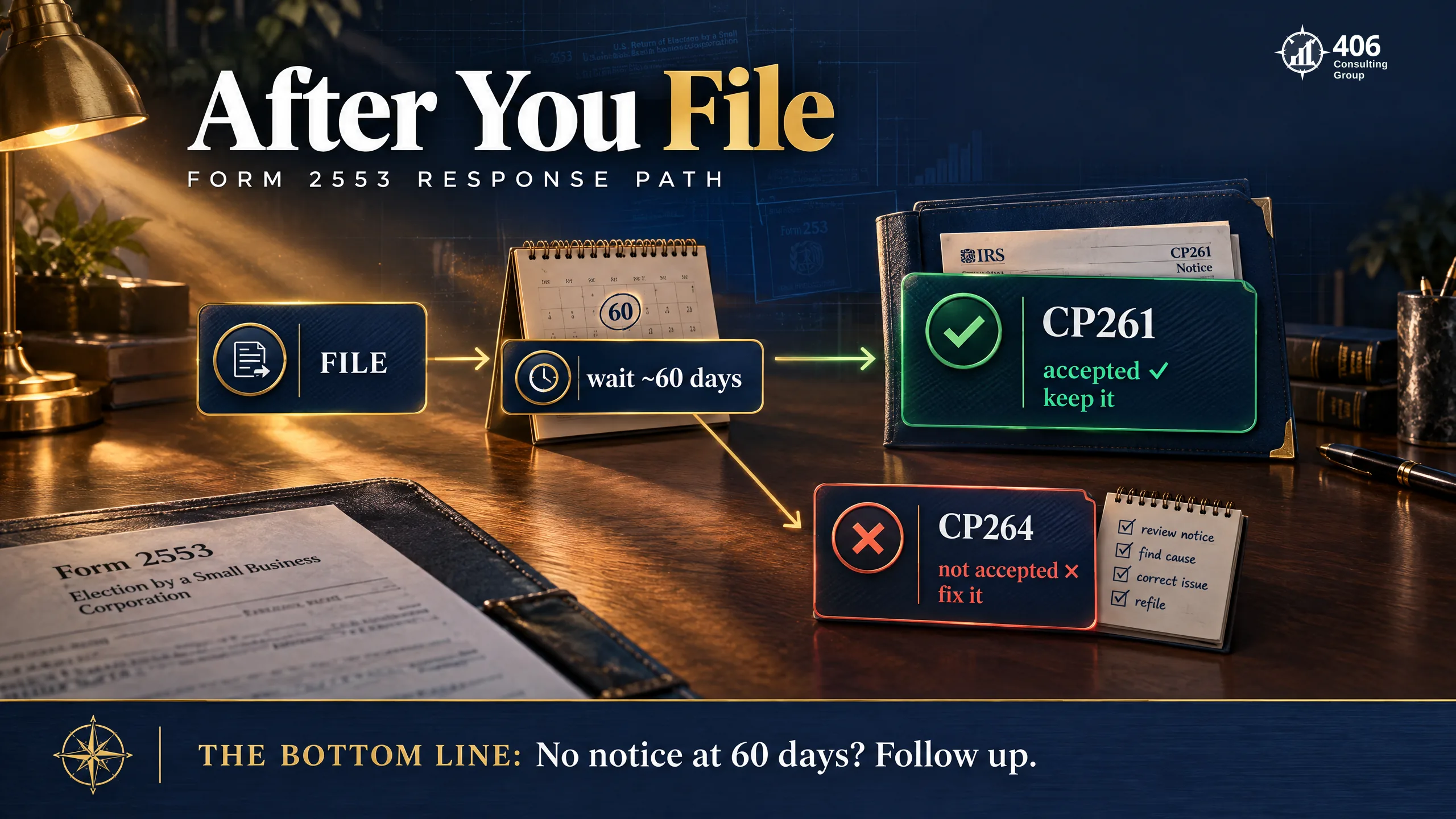 After filing Form 2553 — the IRS sends a CP261 acceptance notice in about 60 days; follow up if it doesn't arrive
