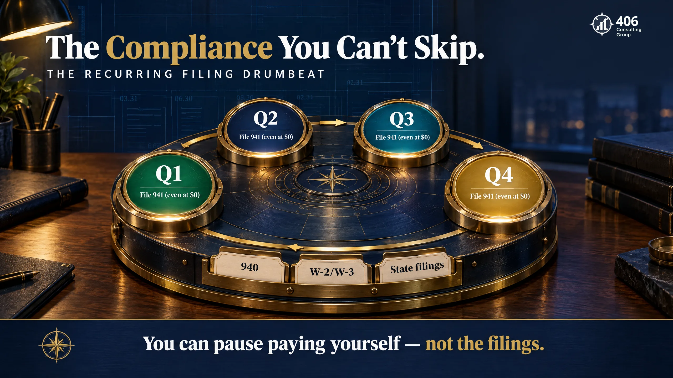 Ongoing S-corp payroll compliance — Form 941 every quarter even at zero wages, plus 940, W-2/W-3, and state filings
