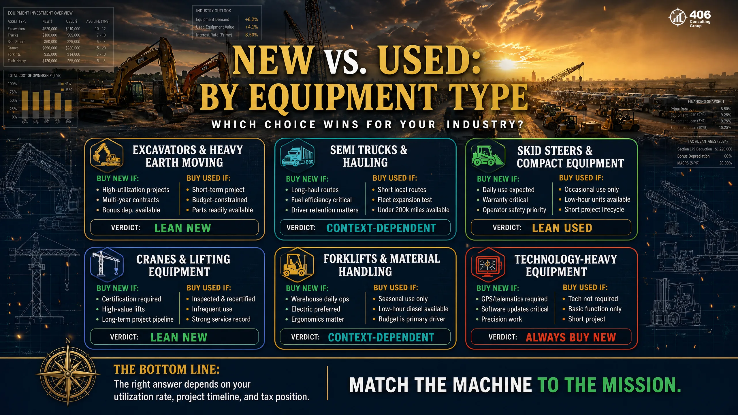 New vs. used equipment comparison by type — excavator, semi truck, skid steer, dump truck, concrete mixer