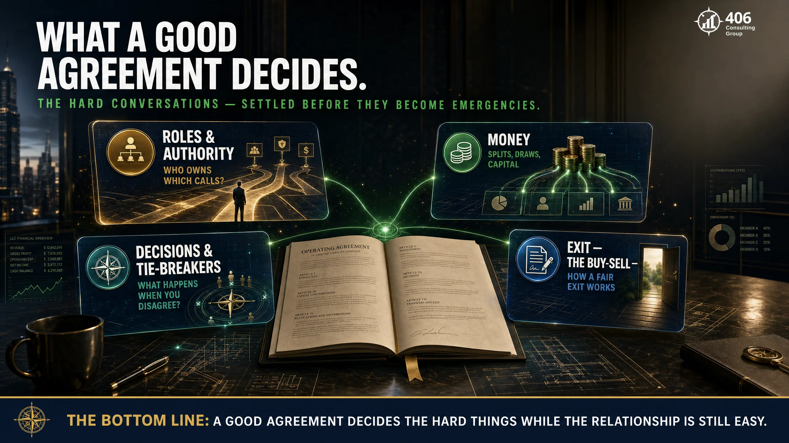 What an operating agreement governs — roles, money, decisions, and exit