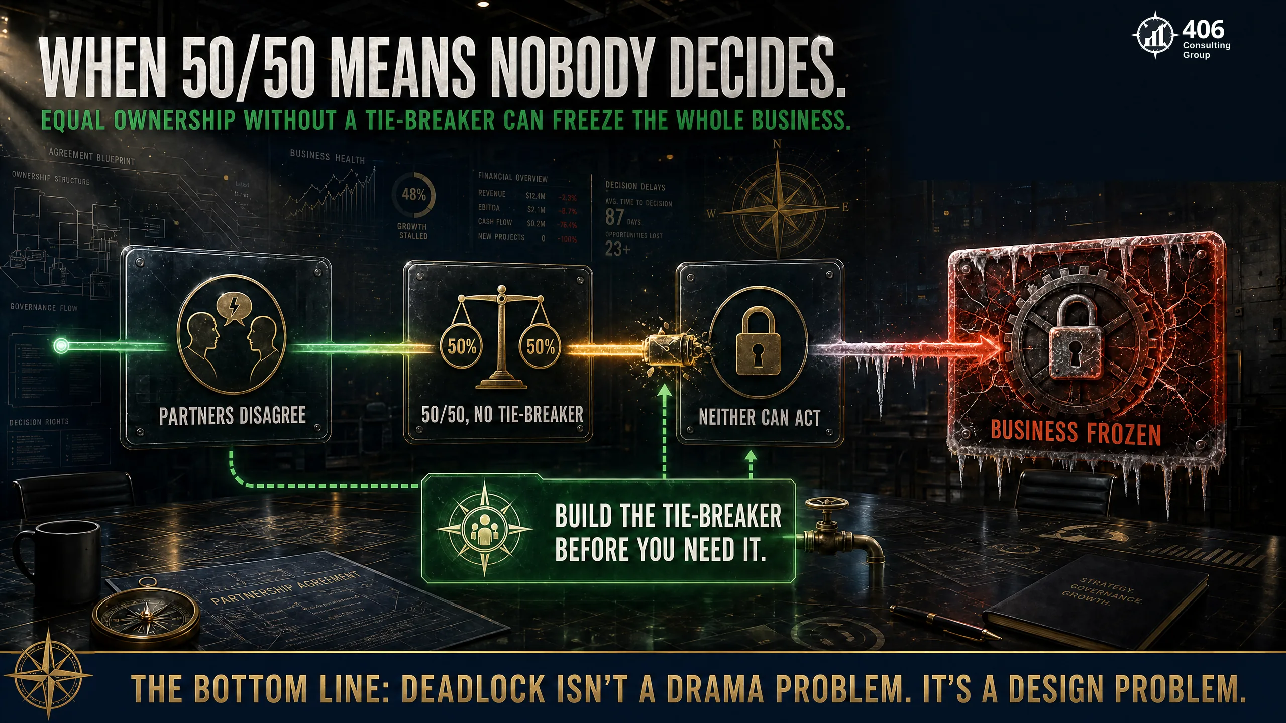 The deadlock problem — 50/50 with no tie-breaker freezes a healthy business