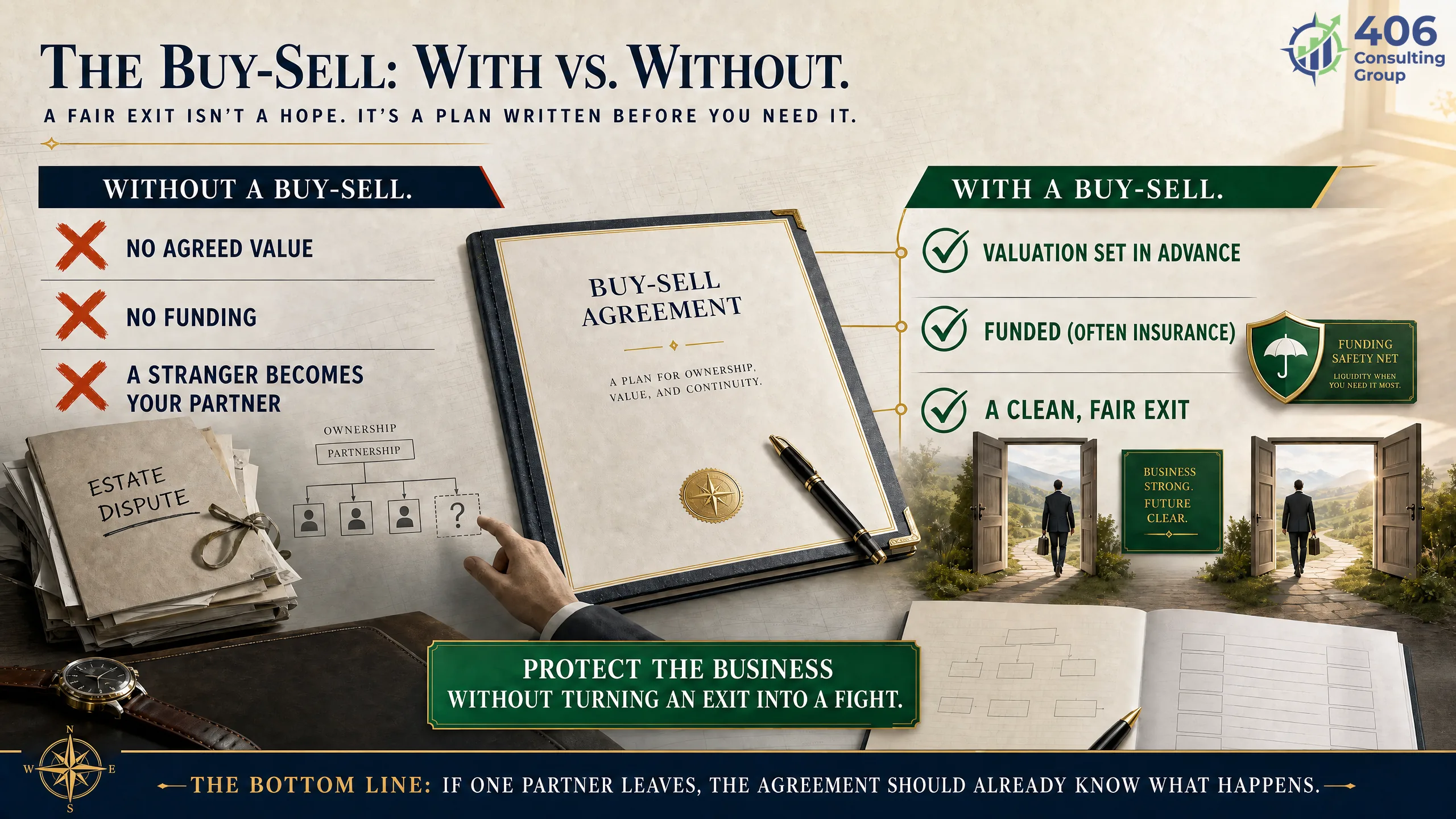The buy-sell clause — with versus without an agreed valuation, funding, and exit