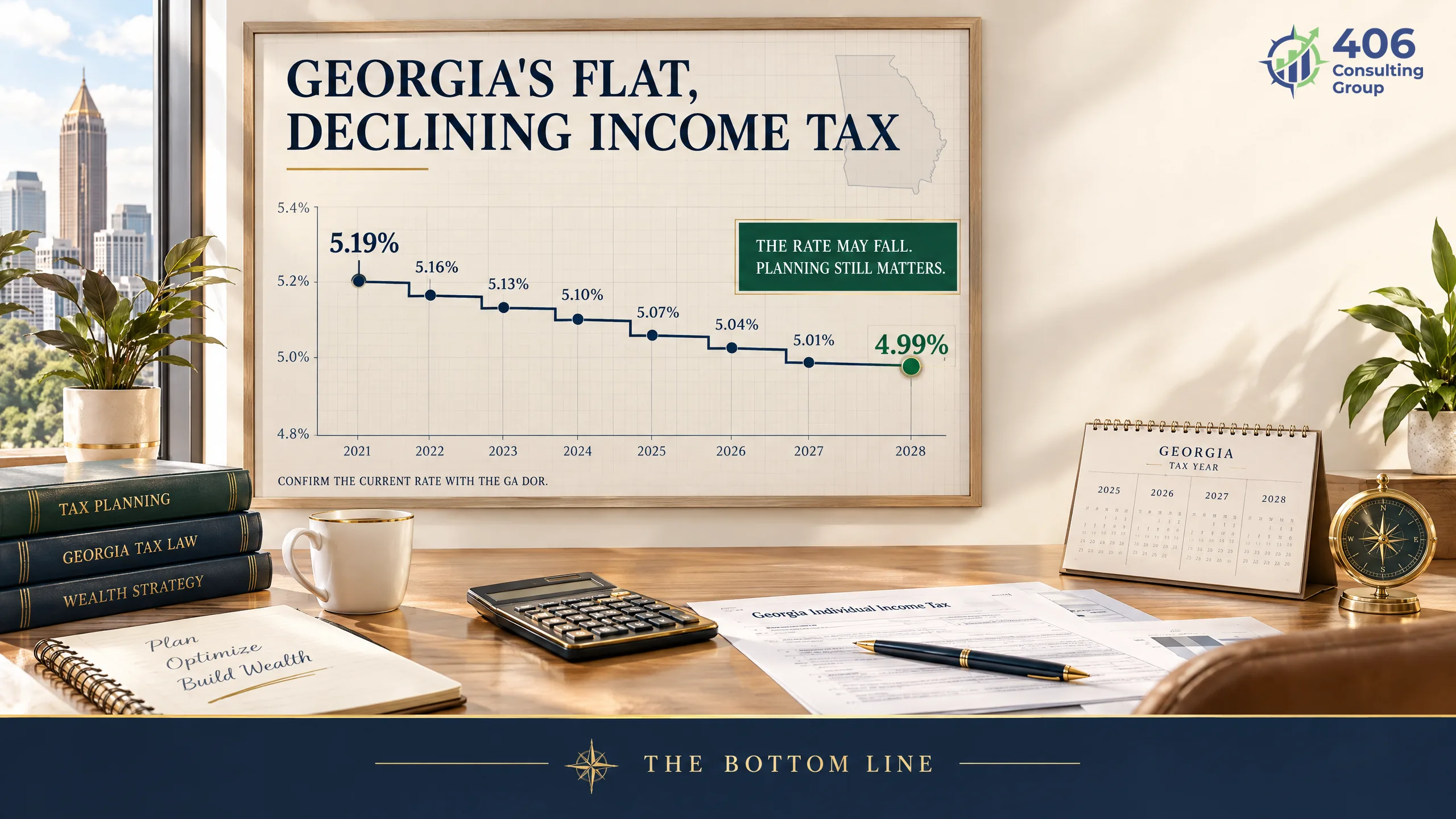 Georgia's flat, declining income tax — around 5.19% and scheduled to fall toward 4.99%