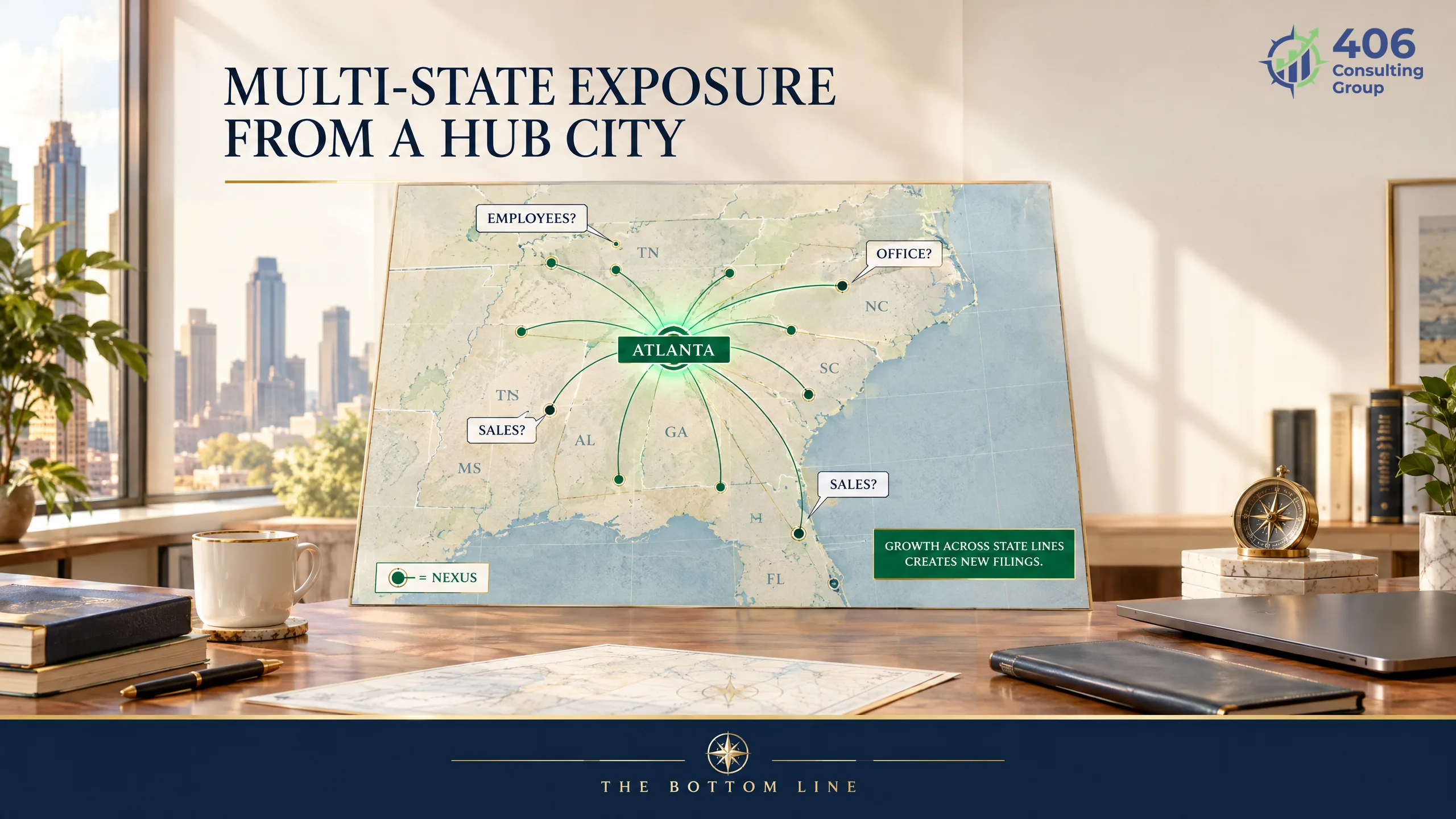 Multi-state tax exposure for an Atlanta hub business — nexus from employees, offices, and sales