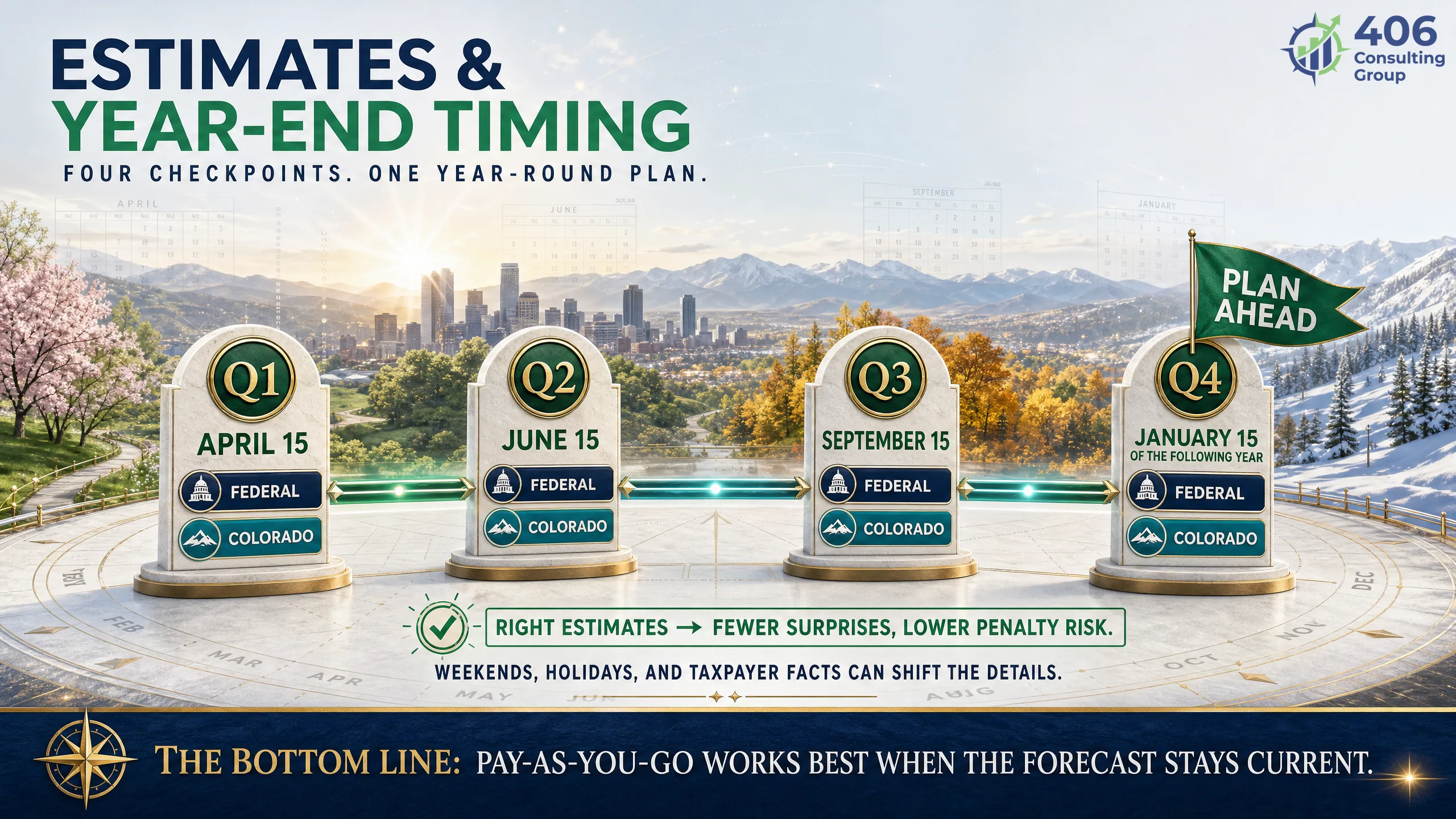 Quarterly estimates and year-end timing for a Denver business — federal and Colorado estimated payments