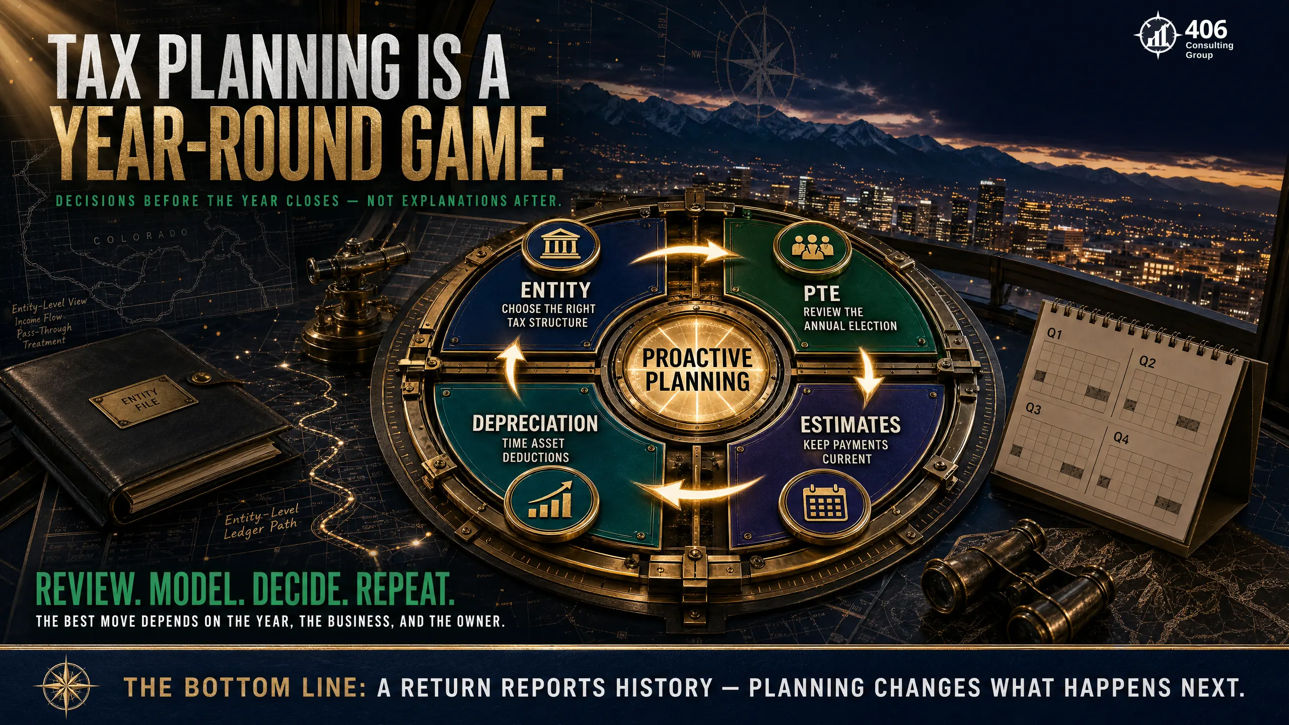 Year-round Denver tax planning — entity, PTE election, depreciation timing, and estimates working together