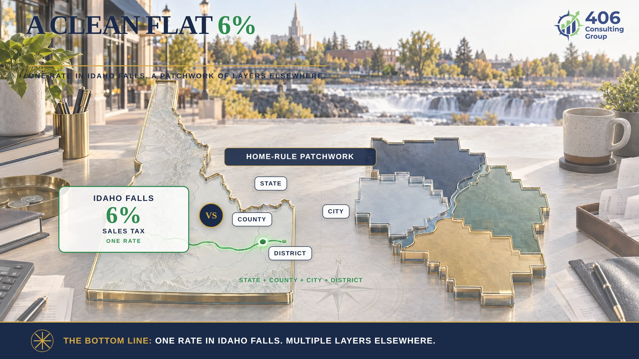 Idaho Falls clean flat 6% sales tax with no local-option versus home-rule jurisdiction chaos in other states