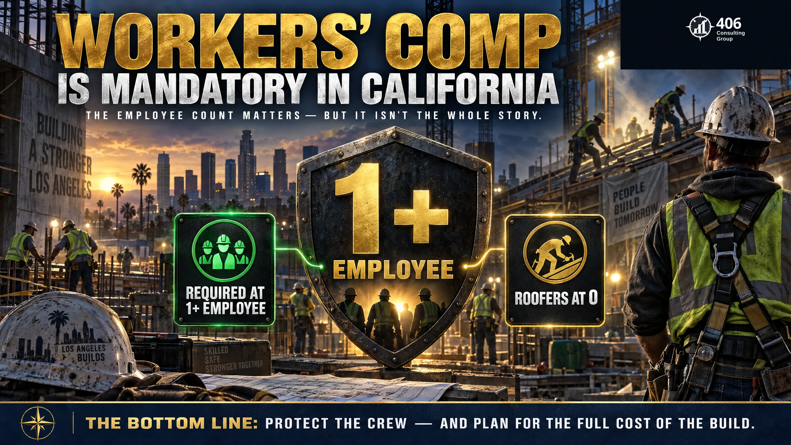 Workers' comp is mandatory in California at one employee (roofers at zero) — the opposite of Texas