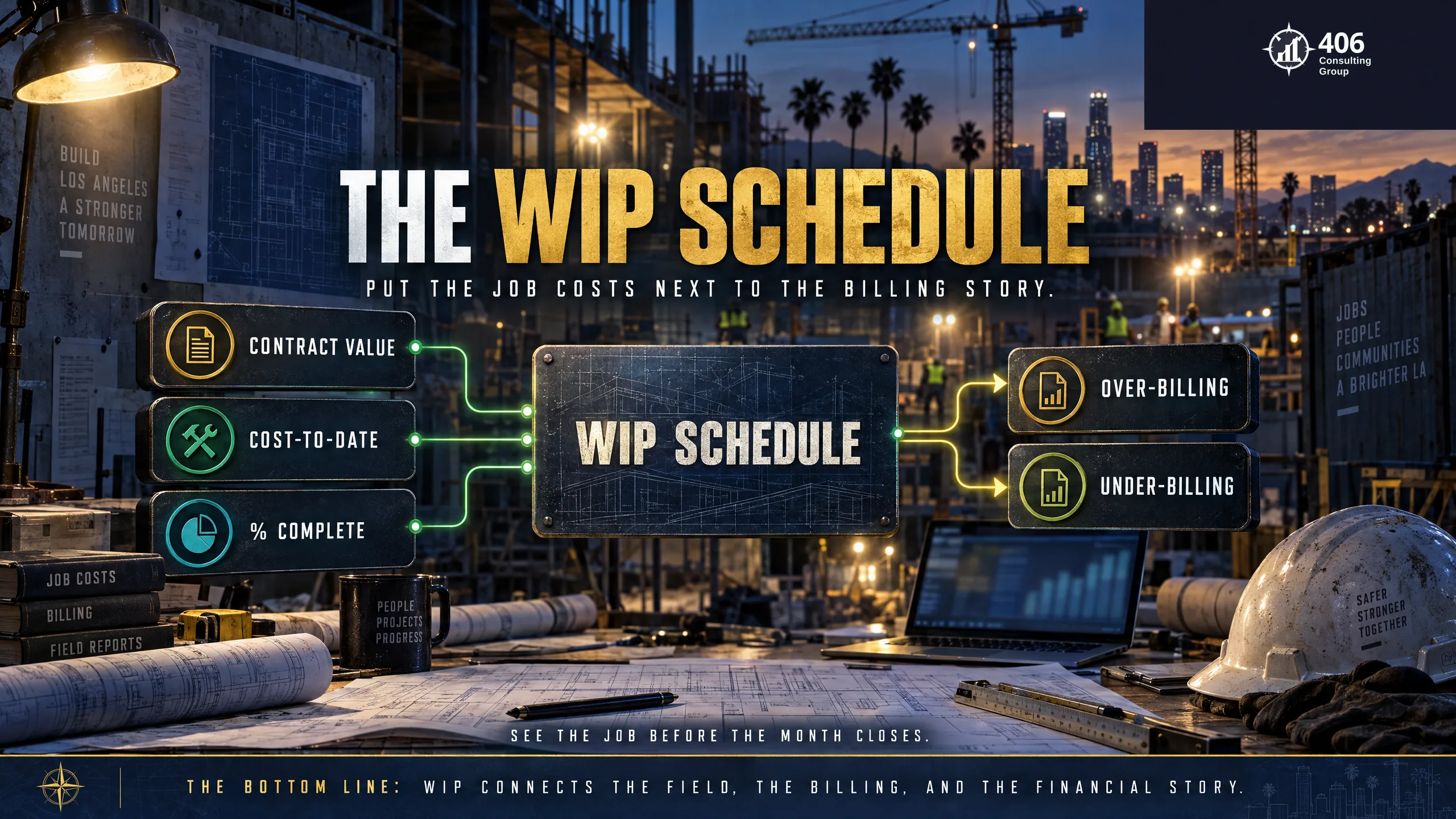 WIP schedule for a contractor — percent complete versus amount billed, revealing overbilling and underbilling for bonding