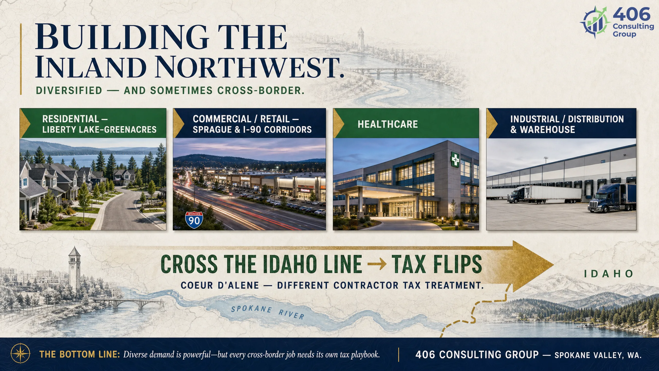 Spokane Valley and Inland Northwest construction market — residential, commercial, healthcare, industrial, and the Idaho cross-border tax flip